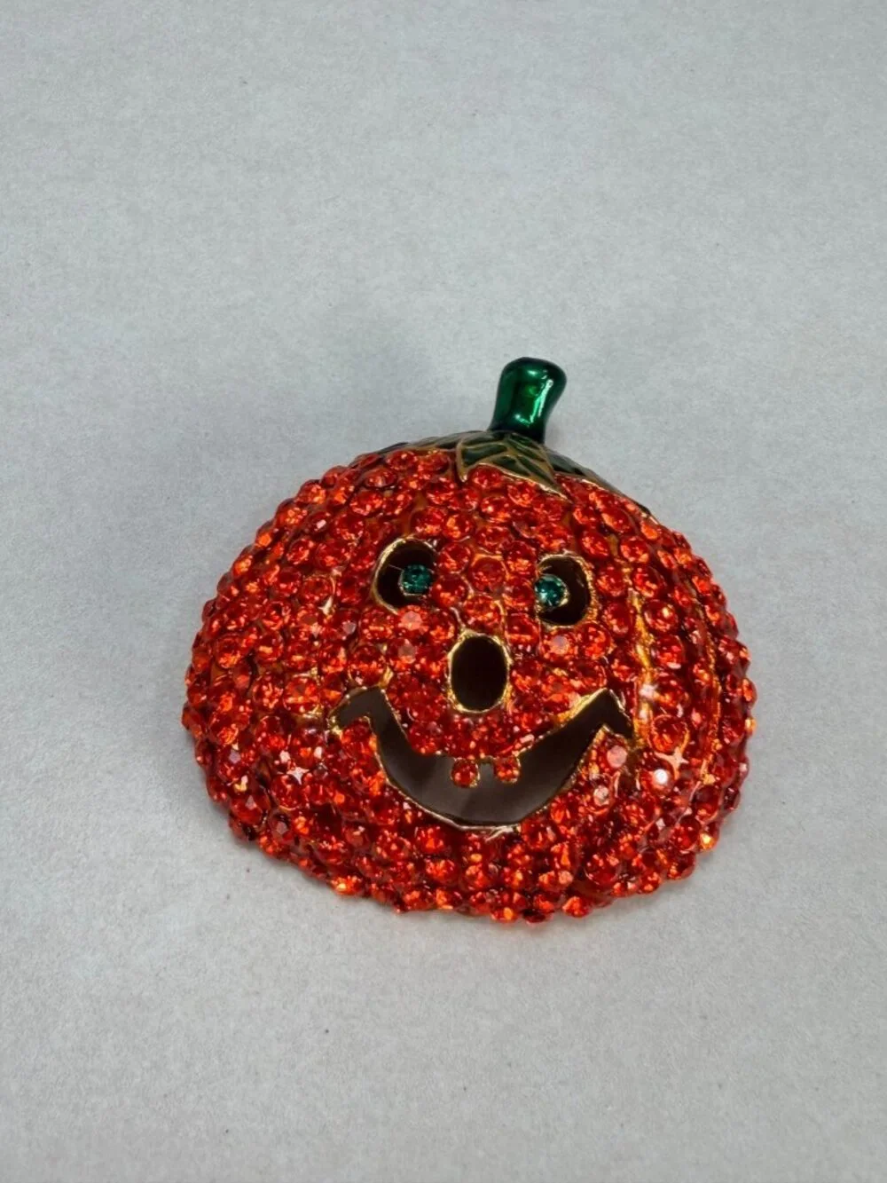 Vintage Halloween Jack O Lantern Pumpkin Rhinestone Brooch Orange Crystal Pin